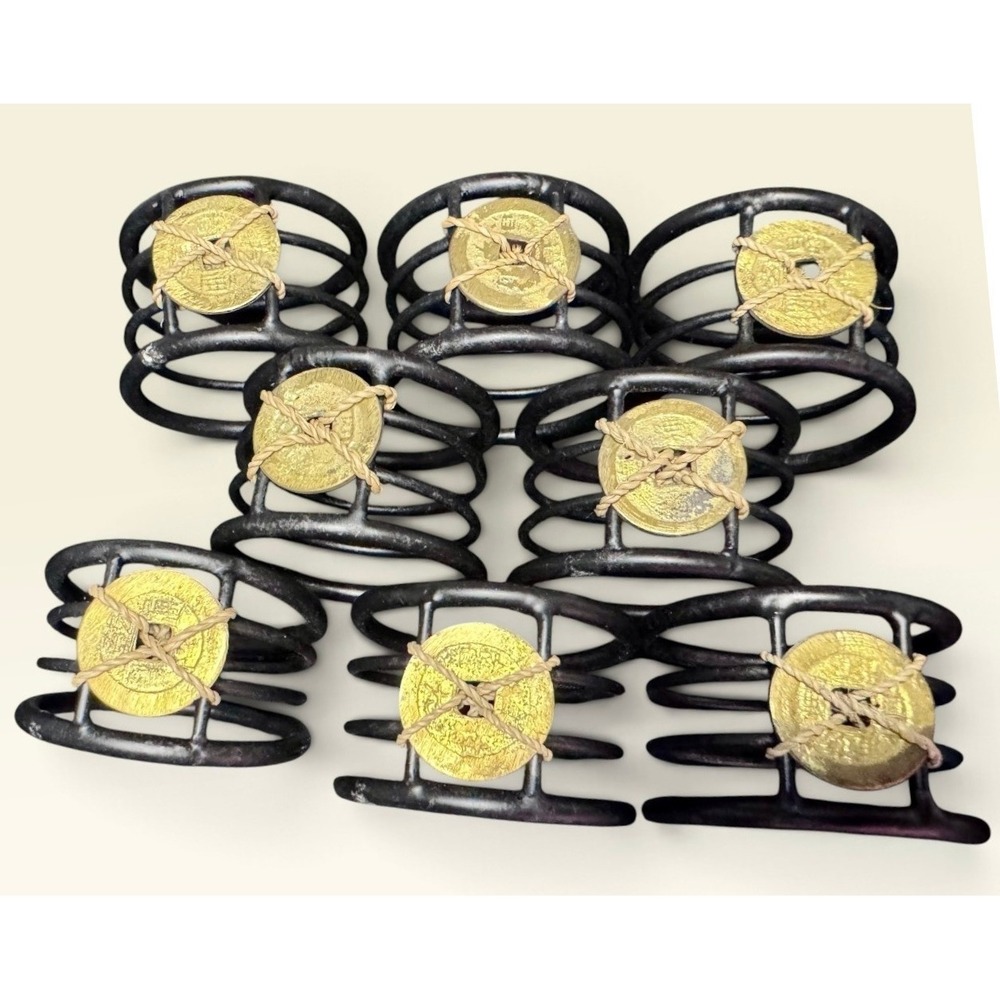 Set of 8 Napkin Rings Gold Tone Faux Coin Black Metal Asian Feng Shui Dining
